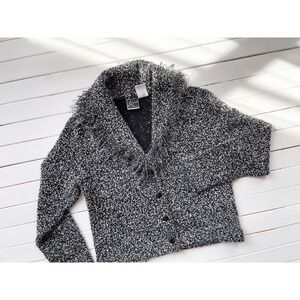 black cardigan sweater‎ 90s y2k vintage fringed shawl collar knit jacket